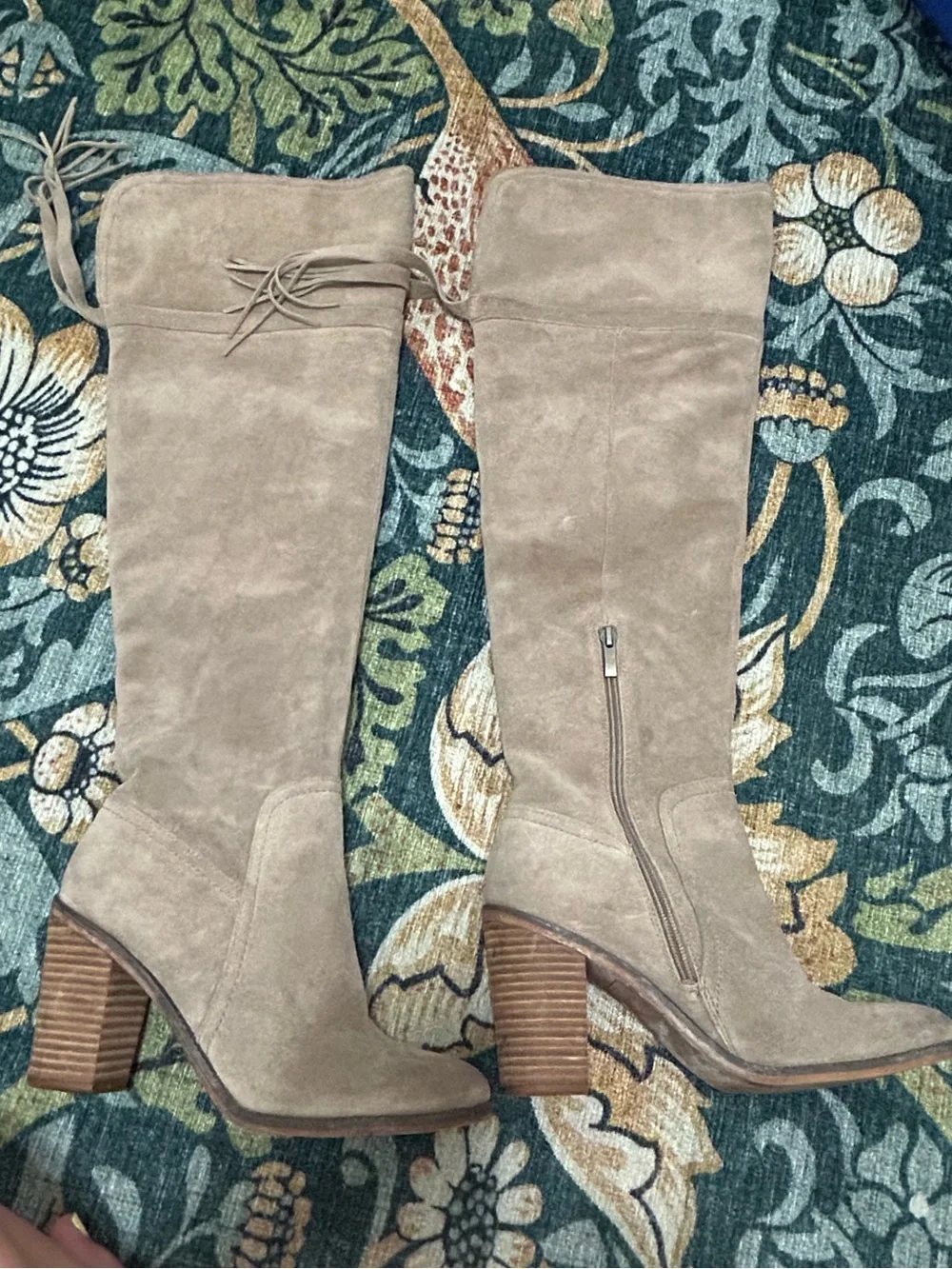 Ellyn Suede Knee-High Block Heel Boots in Taupe